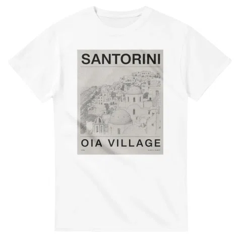 Fine-line engraving-style drawing for Santorini, with a landmark caption and small coordinate text.