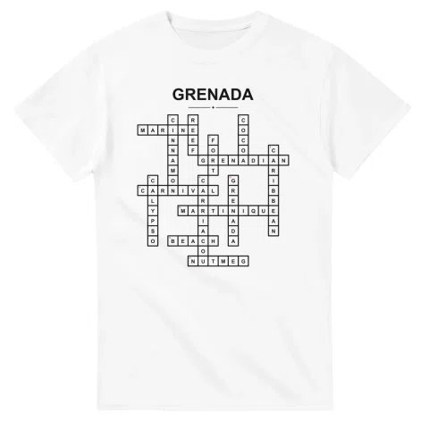 Monochrome crossword sheet for Grenada, with a large place-name heading, a letter grid, and numbered across and down clues.