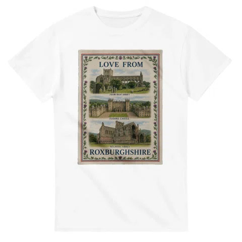 Framed scenic design for Roxburghshire, with several local views, a decorative border and LOVE FROM lettering.