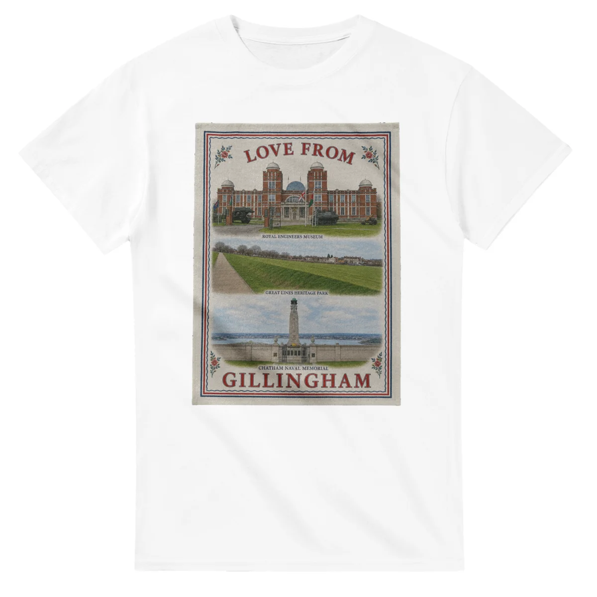 Framed scenic design for Gillingham, with several local views, a decorative border and LOVE FROM lettering.