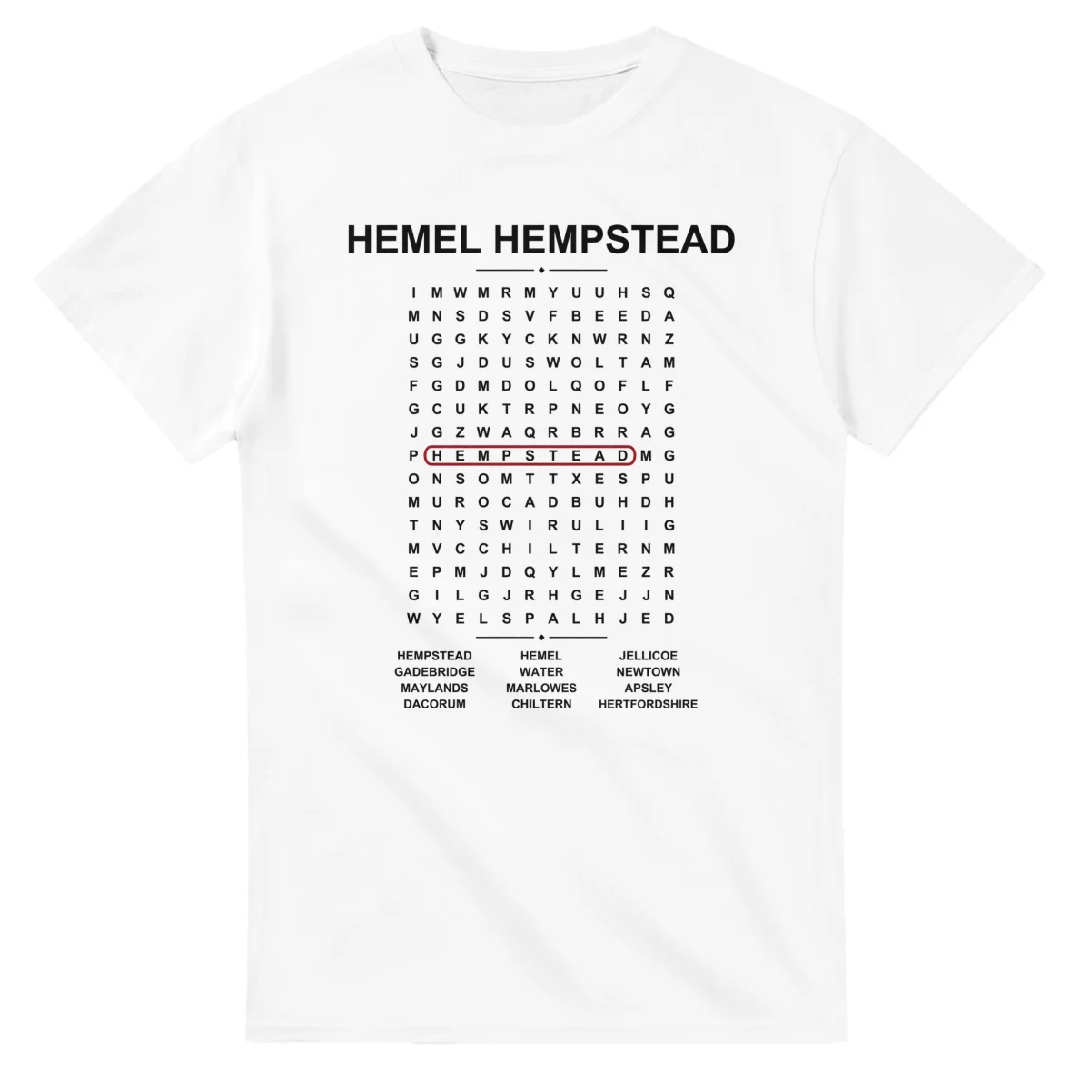 Word-search sheet for Hemel Hempstead, with a large place-name heading, a letter grid, a local answer list, and a red highlighted example word.