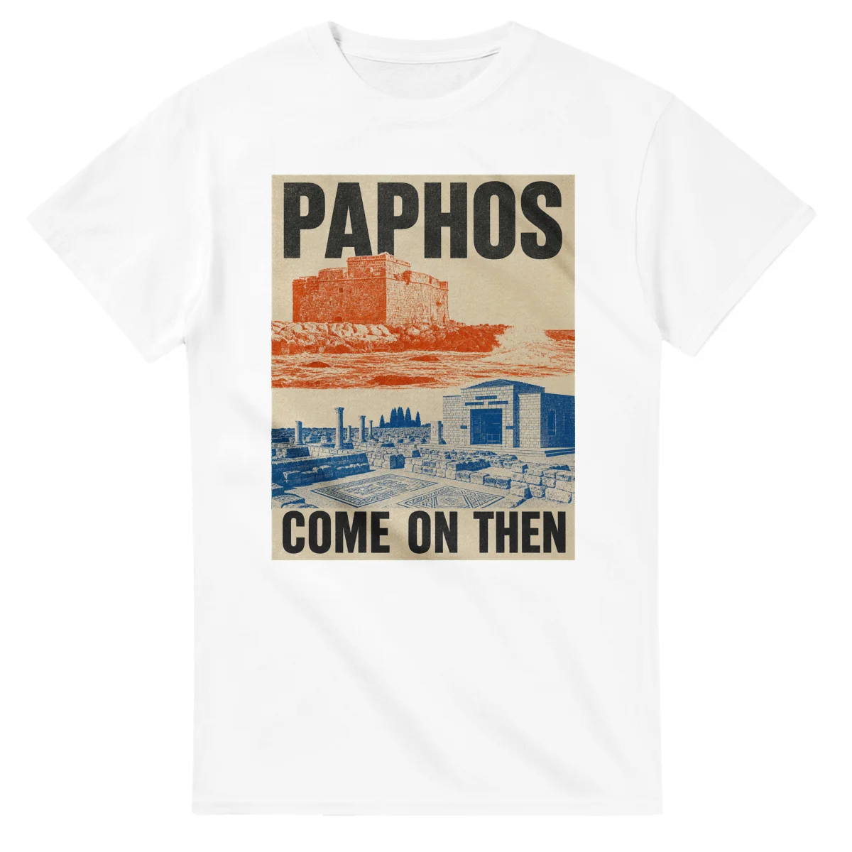 Two-colour scenic illustration for Paphos, with the place name and COME ON THEN lettering.
