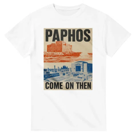 Two-colour scenic illustration for Paphos, with the place name and COME ON THEN lettering.