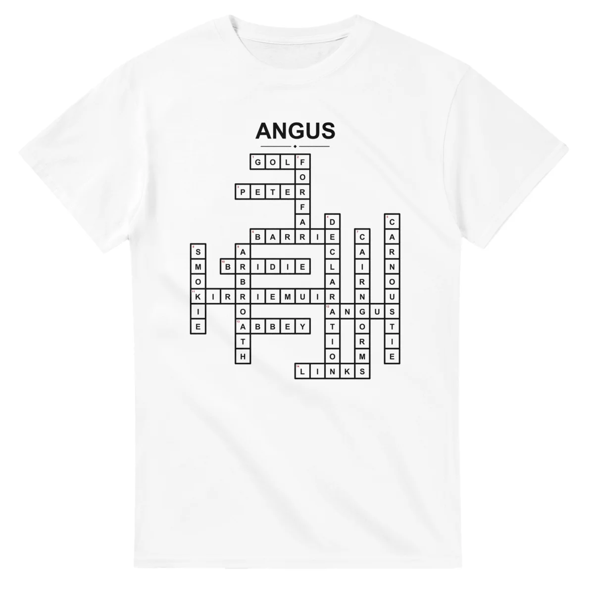 Monochrome crossword sheet for Angus, with a large place-name heading, a letter grid, and numbered across and down clues.