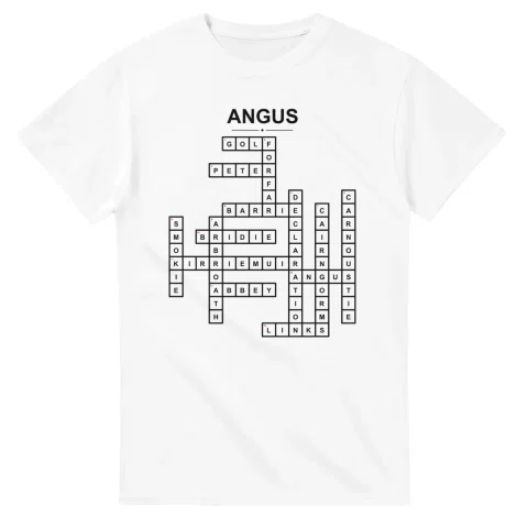 Monochrome crossword sheet for Angus, with a large place-name heading, a letter grid, and numbered across and down clues.