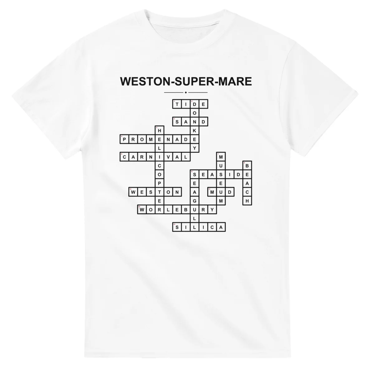 Monochrome crossword sheet for Weston-super-Mare, with a large place-name heading, a letter grid, and numbered across and down clues.
