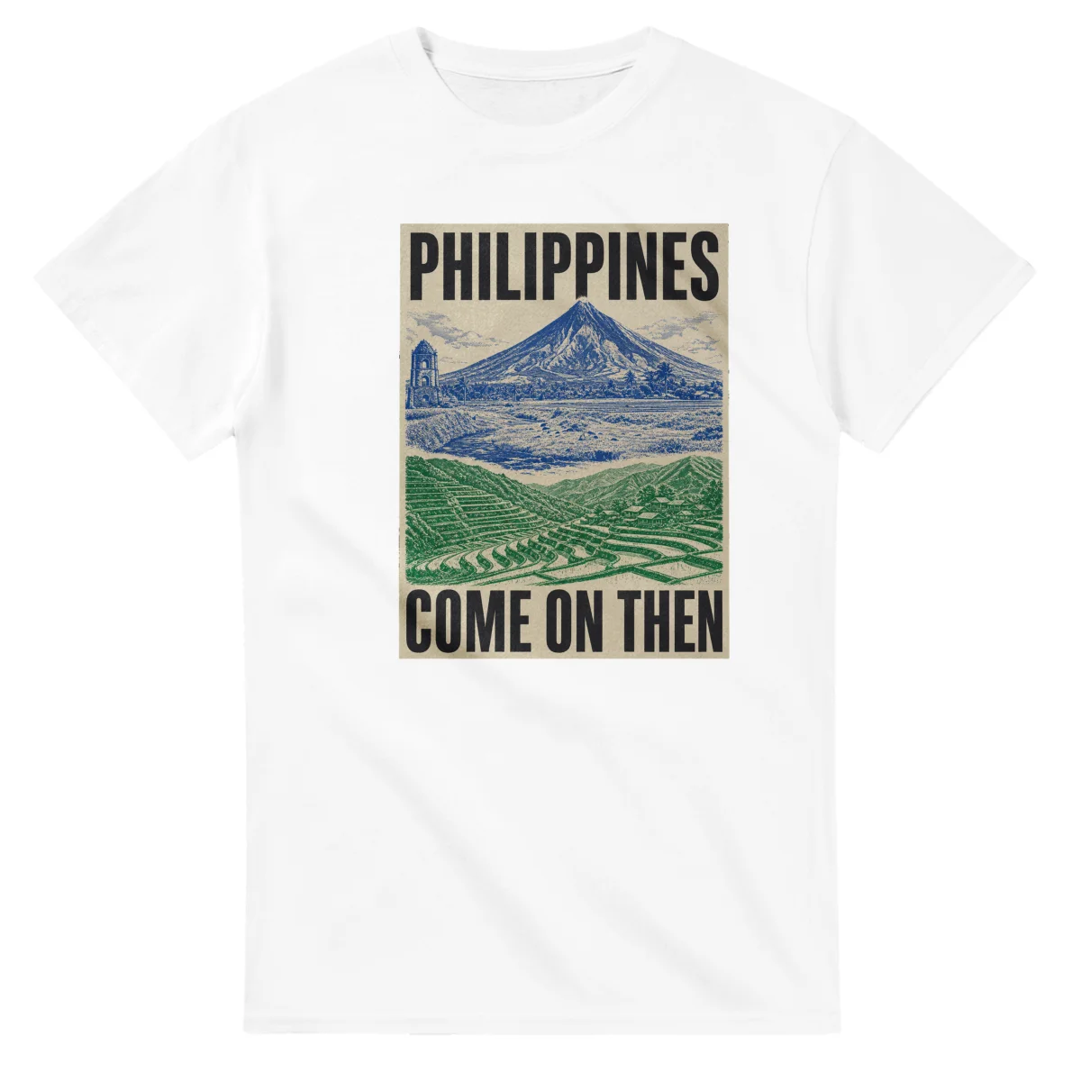 Two-colour scenic illustration for The Philippines, with the place name and COME ON THEN lettering.