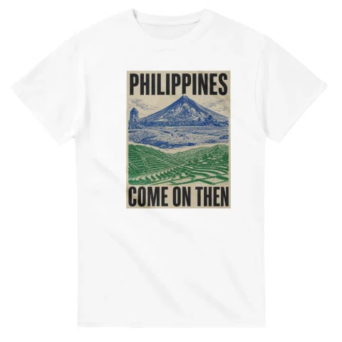 Two-colour scenic illustration for The Philippines, with the place name and COME ON THEN lettering.