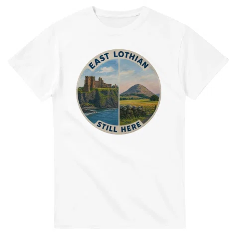Painted, panelled scenic illustration for East Lothian, with paired local scenes and the place name in lettering.