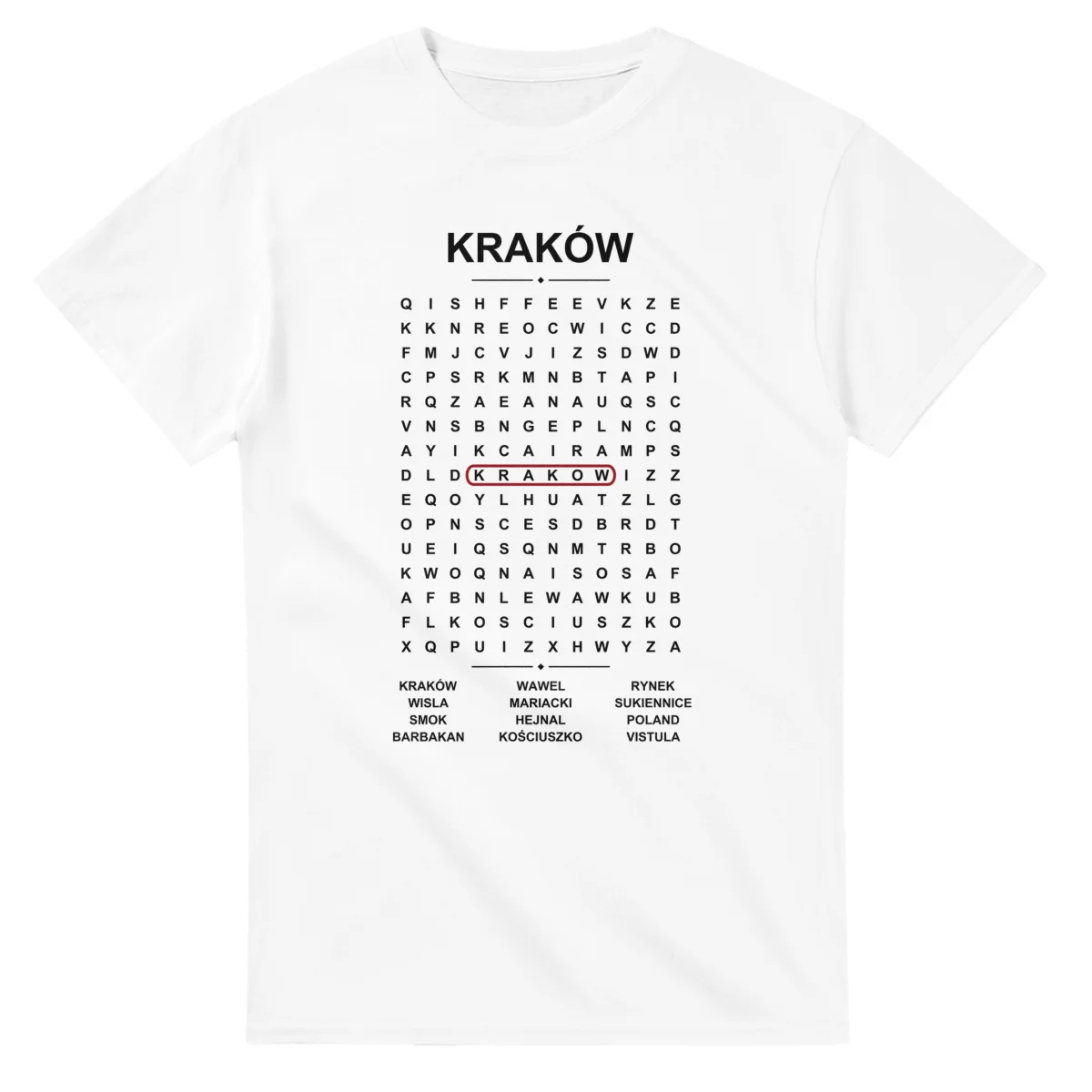 Word-search sheet for Kraków, with a large place-name heading, a letter grid, a local answer list, and a red highlighted example word.