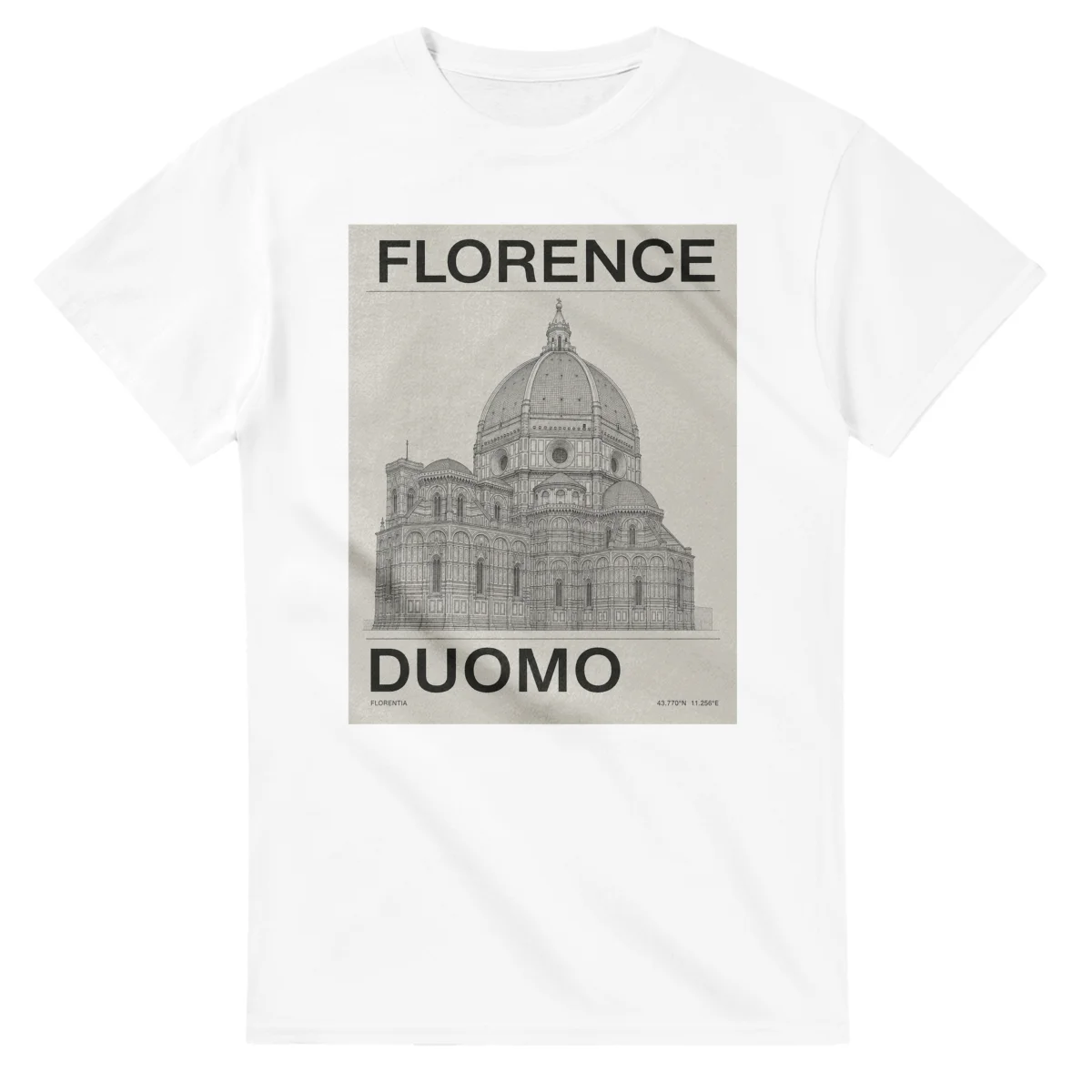 Fine-line engraving-style drawing for Florence, with a landmark caption and small coordinate text.