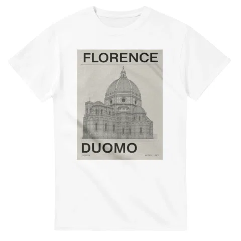 Fine-line engraving-style drawing for Florence, with a landmark caption and small coordinate text.
