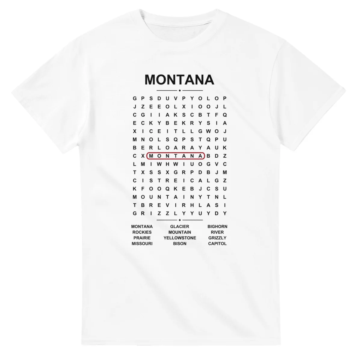 Word-search sheet for Montana, with a large place-name heading, a letter grid, a local answer list, and a red highlighted example word.