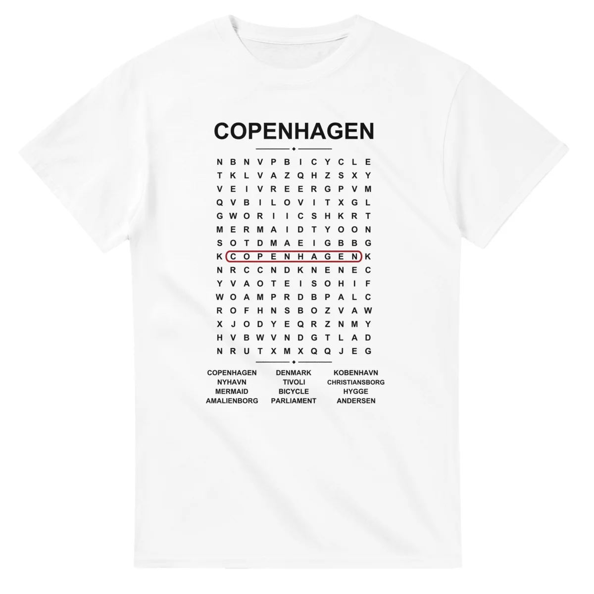Word-search sheet for Copenhagen, with a large place-name heading, a letter grid, a local answer list, and a red highlighted example word.