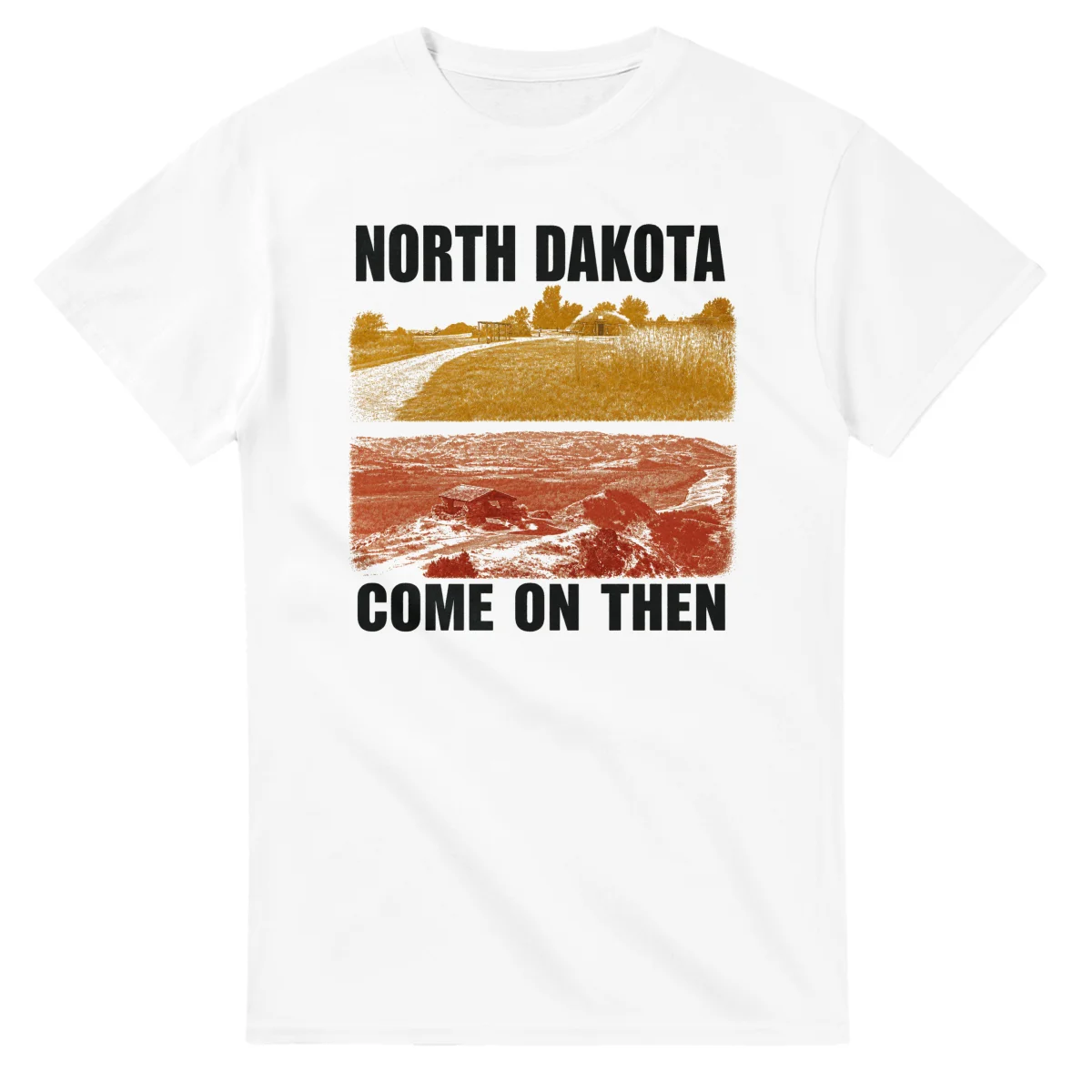 Two-colour scenic illustration for North Dakota, with the place name and COME ON THEN lettering.