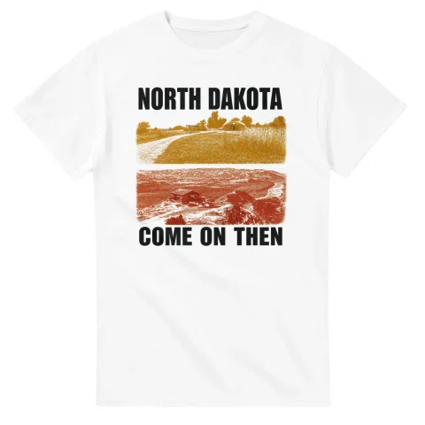 Two-colour scenic illustration for North Dakota, with the place name and COME ON THEN lettering.