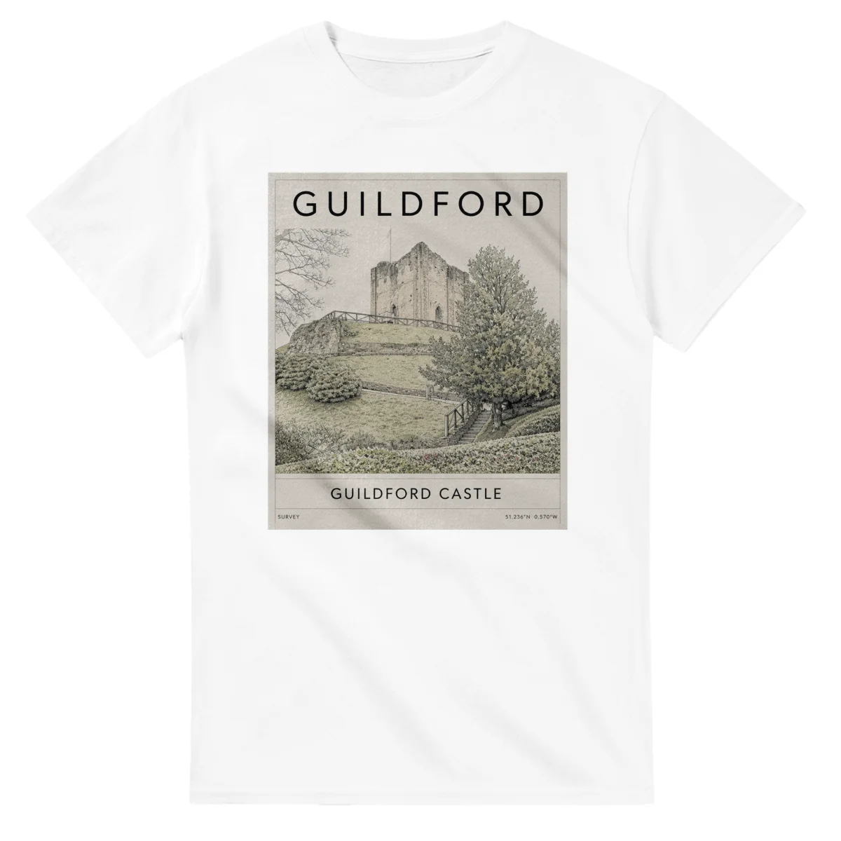 Fine-line engraving-style drawing for Guildford, with a landmark caption and small coordinate text.