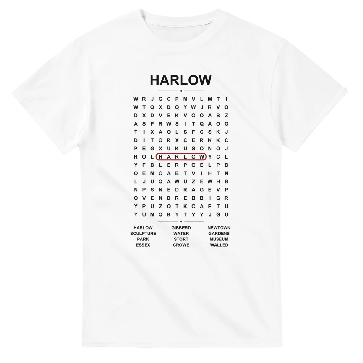 Word-search sheet for Harlow, with a large place-name heading, a letter grid, a local answer list, and a red highlighted example word.