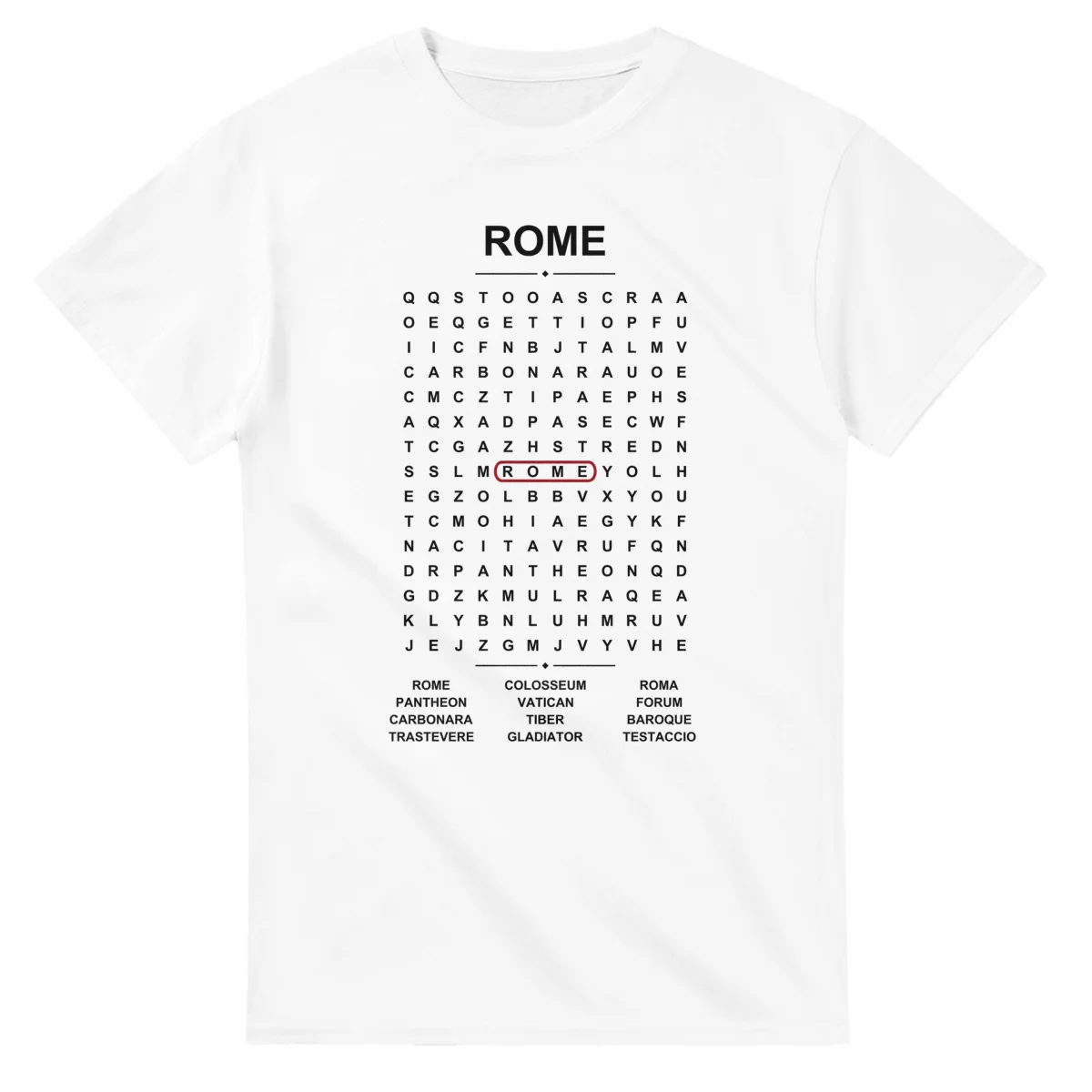 Word-search sheet for Rome, with a large place-name heading, a letter grid, a local answer list, and a red highlighted example word.