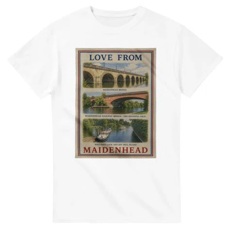Framed scenic design for Maidenhead, with several local views, a decorative border and LOVE FROM lettering.
