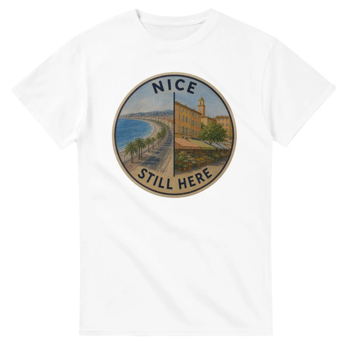 Painted, panelled scenic illustration for Nice, with paired local scenes and the place name in lettering.