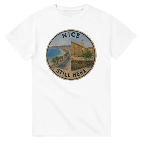 Painted, panelled scenic illustration for Nice, with paired local scenes and the place name in lettering.