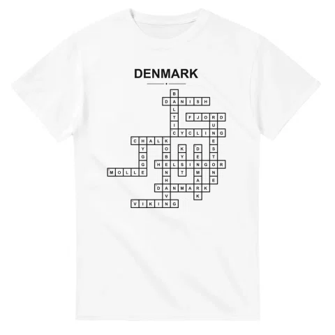 Monochrome crossword sheet for Denmark, with a large place-name heading, a letter grid, and numbered across and down clues.