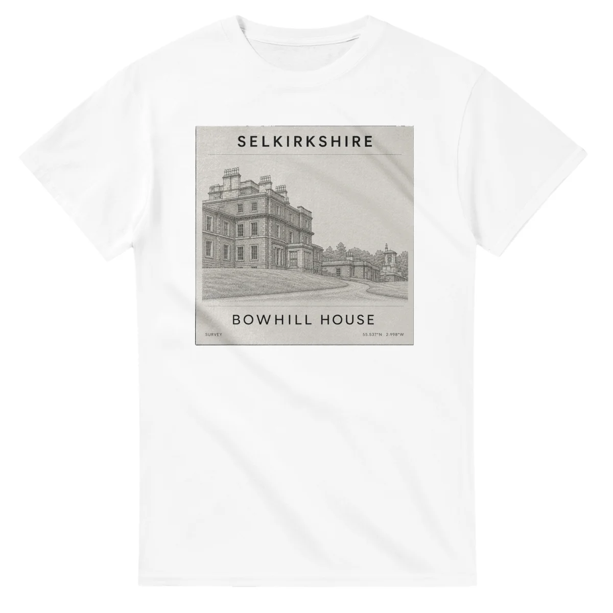 Fine-line engraving-style drawing for Selkirkshire, with a landmark caption and small coordinate text.