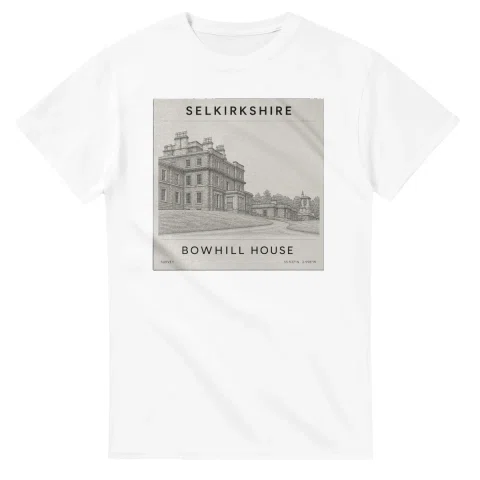 Fine-line engraving-style drawing for Selkirkshire, with a landmark caption and small coordinate text.