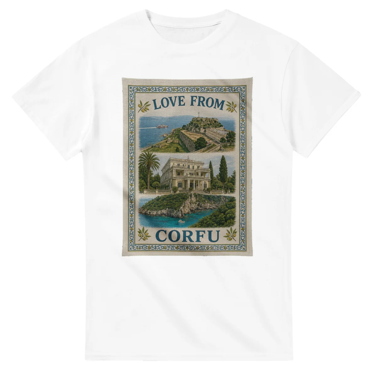 Framed scenic design for Corfu, with several local views, a decorative border and LOVE FROM lettering.