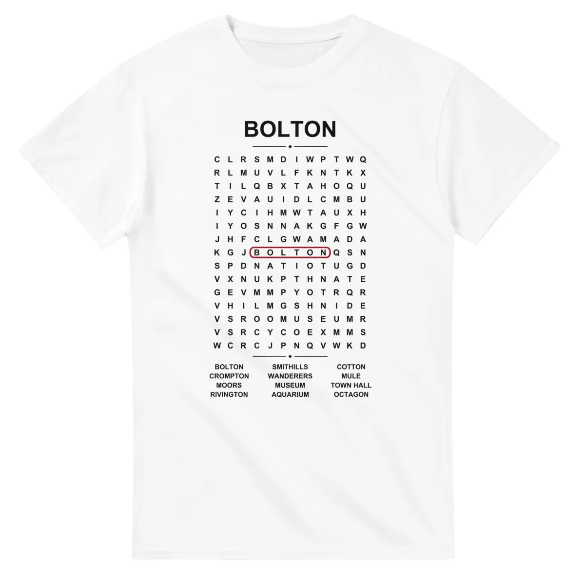 Word-search sheet for Bolton, with a large place-name heading, a letter grid, a local answer list, and a red highlighted example word.