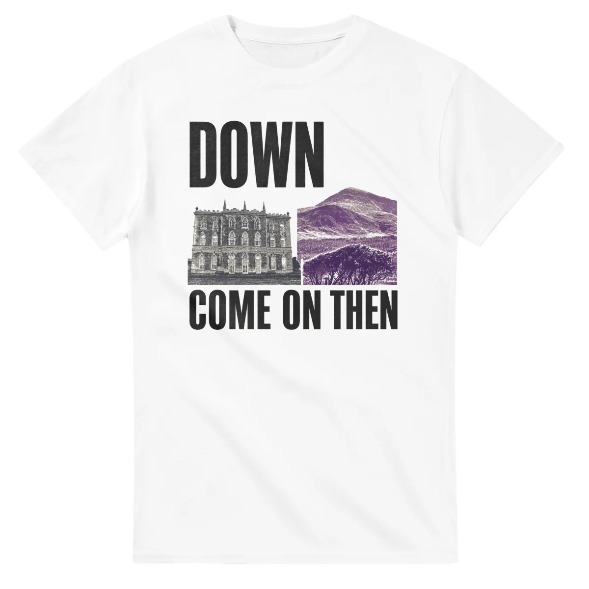 Two-colour scenic illustration for Down, with the place name and COME ON THEN lettering.