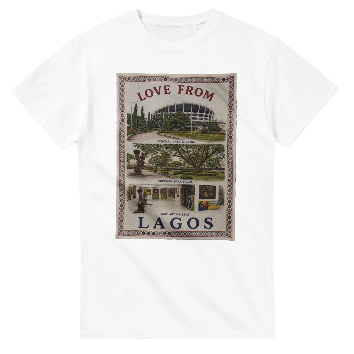 Framed scenic design for Lagos, with several local views, a decorative border and LOVE FROM lettering.