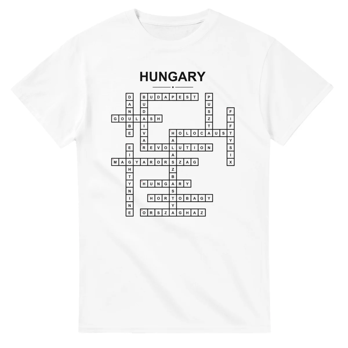 Monochrome crossword sheet for Hungary, with a large place-name heading, a letter grid, and numbered across and down clues.