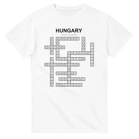 Monochrome crossword sheet for Hungary, with a large place-name heading, a letter grid, and numbered across and down clues.