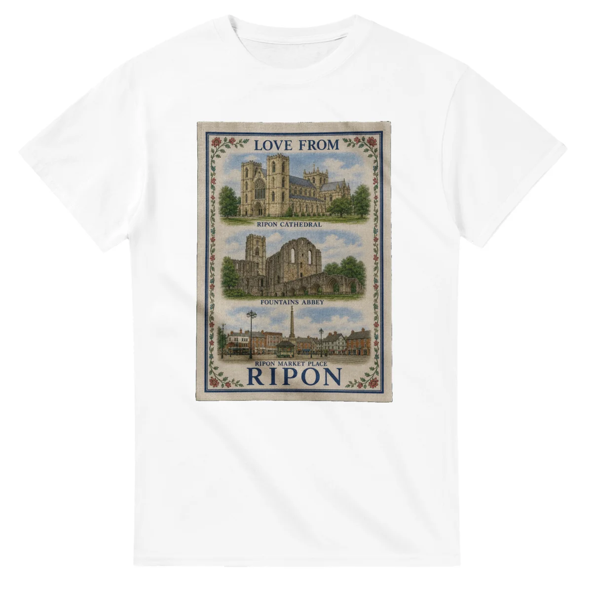 Framed scenic design for Ripon, with several local views, a decorative border and LOVE FROM lettering.