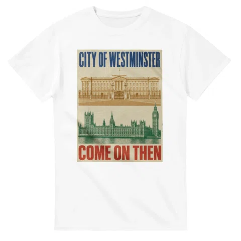 Two-colour scenic illustration for City of Westminster, with the place name and COME ON THEN lettering.