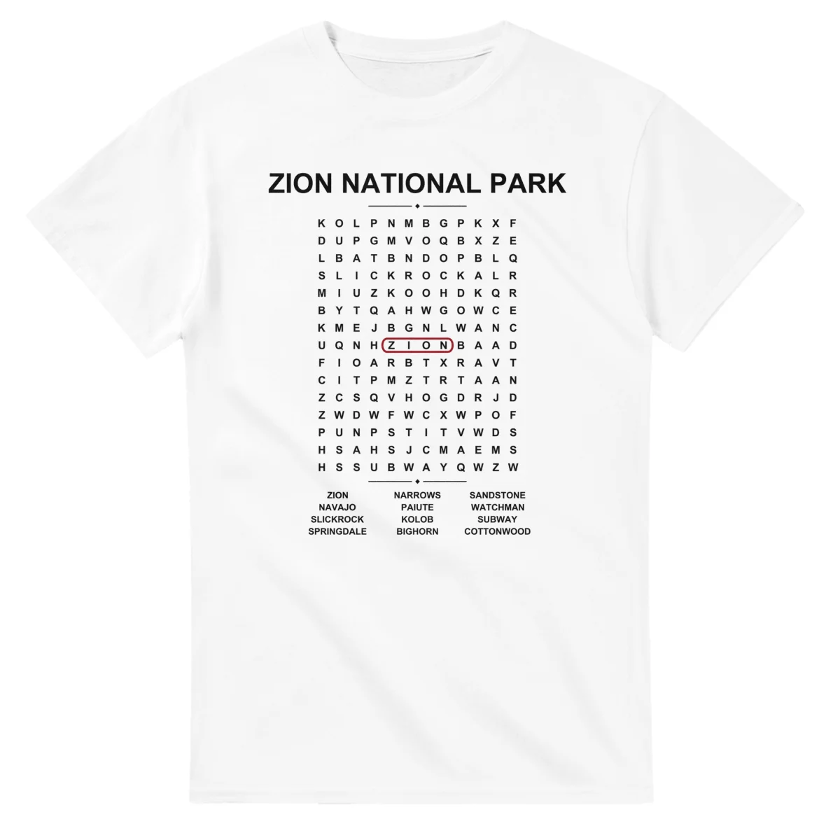 Word-search sheet for Zion National Park, with a large place-name heading, a letter grid, a local answer list, and a red highlighted example word.