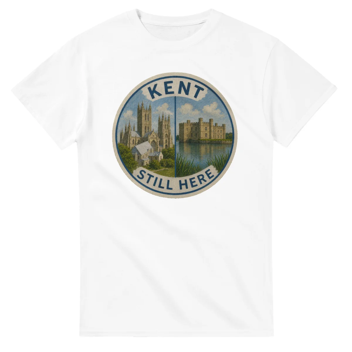 Painted, panelled scenic illustration for Kent, with paired local scenes and the place name in lettering.