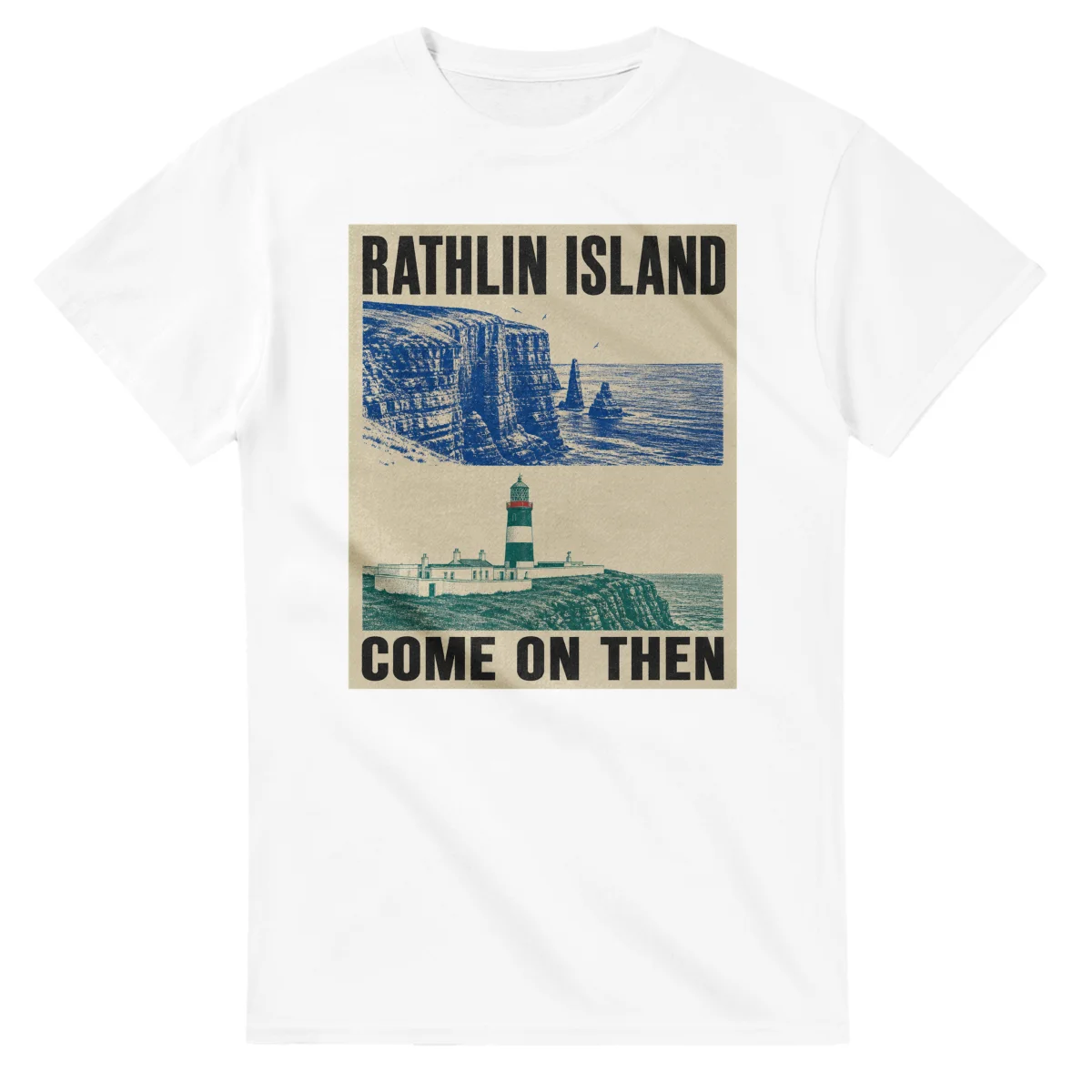 Two-colour scenic illustration for Rathlin Island, with the place name and COME ON THEN lettering.
