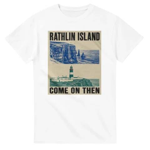 Two-colour scenic illustration for Rathlin Island, with the place name and COME ON THEN lettering.