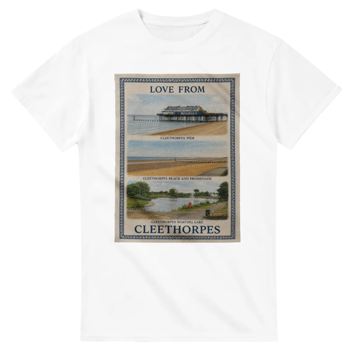 Framed scenic design for Cleethorpes, with several local views, a decorative border and LOVE FROM lettering.