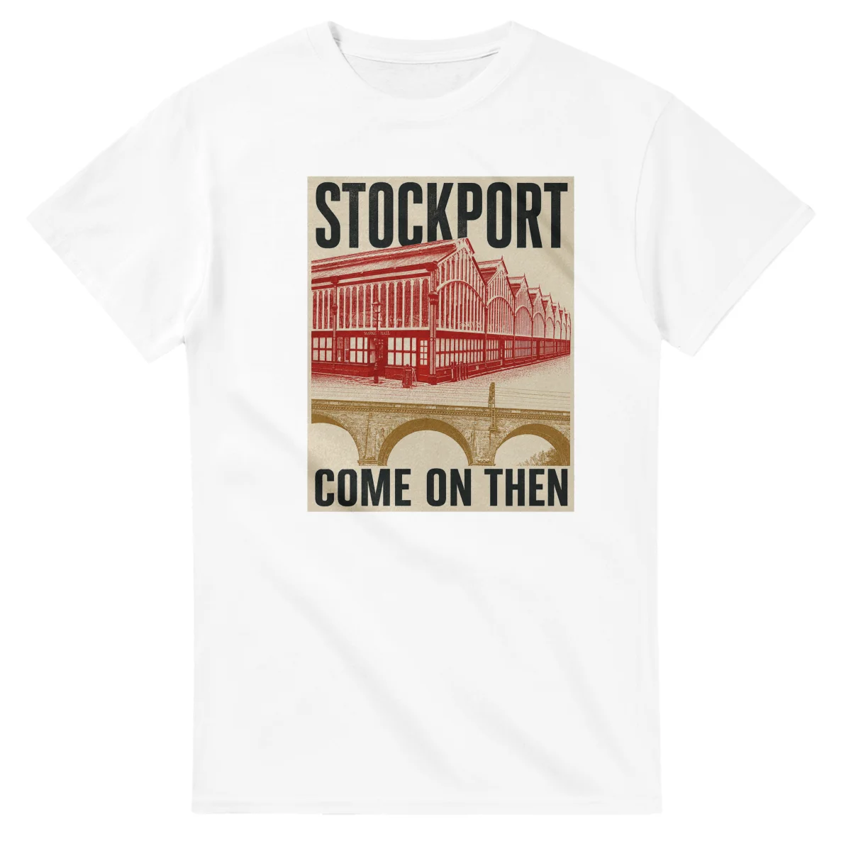 Two-colour scenic illustration for Stockport, with the place name and COME ON THEN lettering.