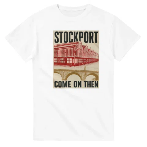 Two-colour scenic illustration for Stockport, with the place name and COME ON THEN lettering.
