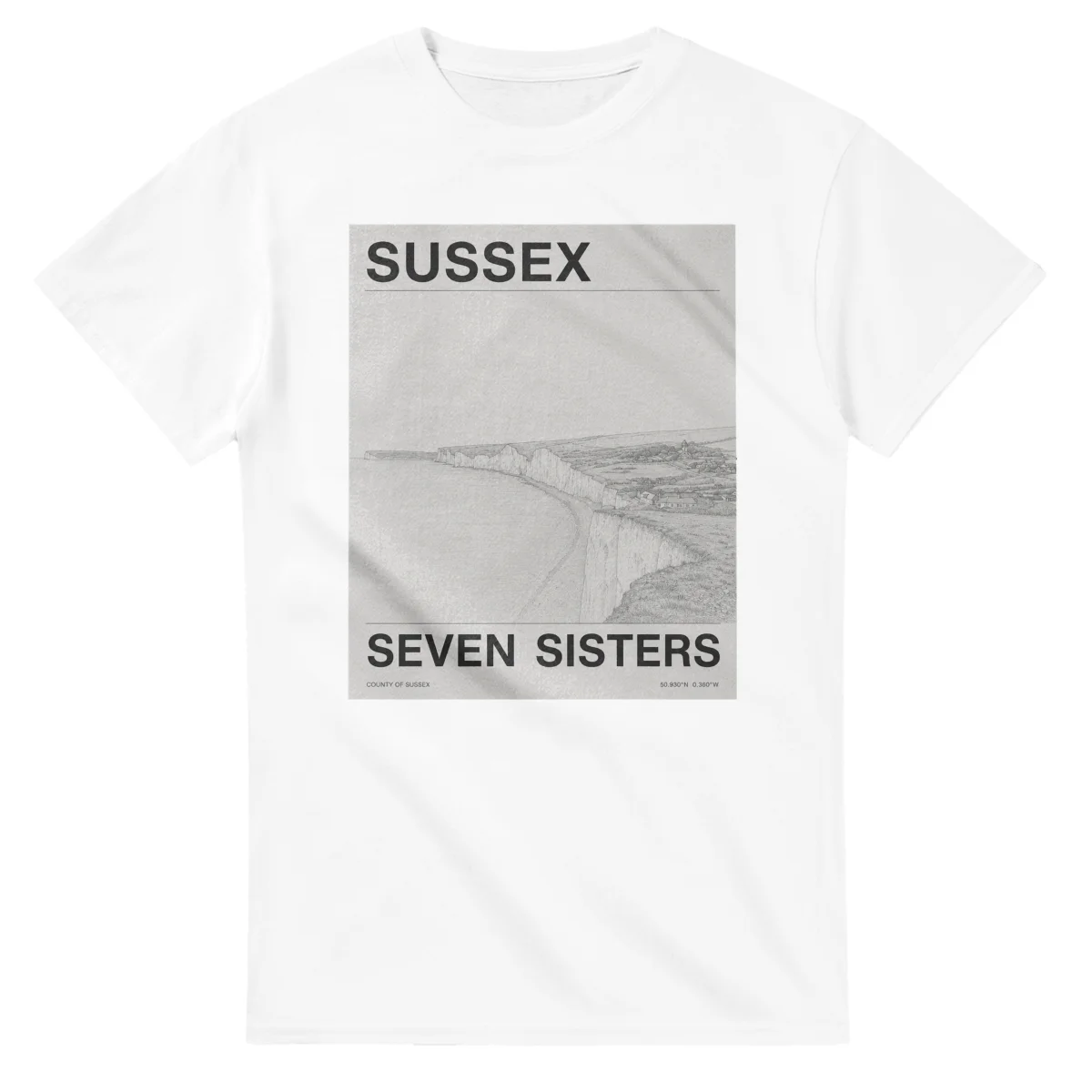 Fine-line engraving-style drawing for Sussex, with a landmark caption and small coordinate text.