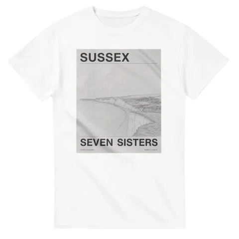 Fine-line engraving-style drawing for Sussex, with a landmark caption and small coordinate text.