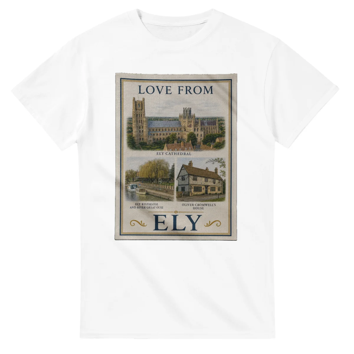 Framed scenic design for Ely, with several local views, a decorative border and LOVE FROM lettering.