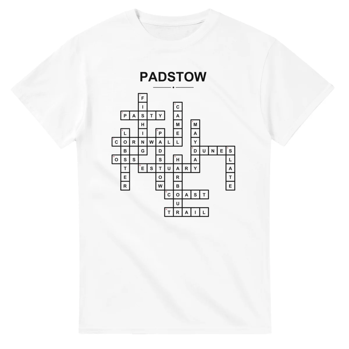 Monochrome crossword sheet for Padstow, with a large place-name heading, a letter grid, and numbered across and down clues.
