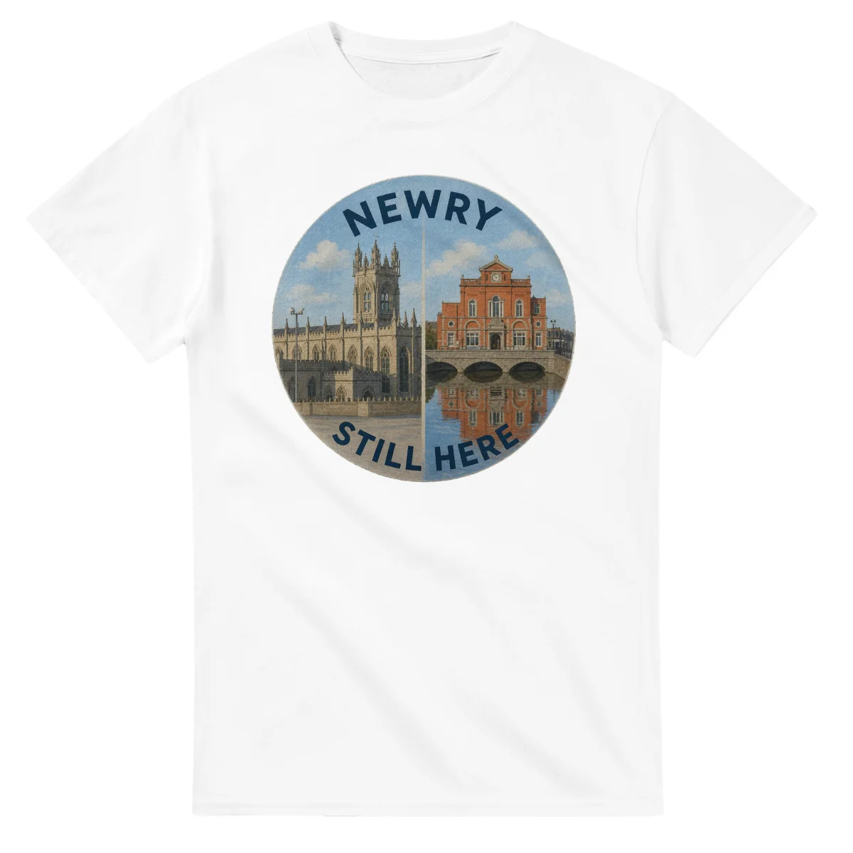 Painted, panelled scenic illustration for Newry, with paired local scenes and the place name in lettering.