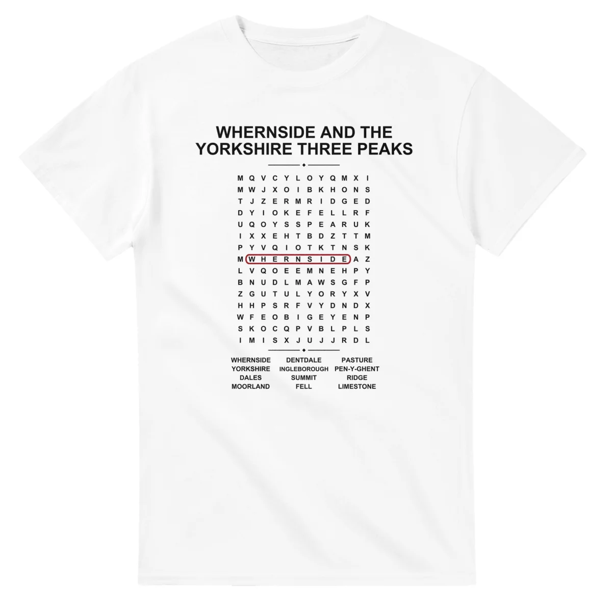 Word-search sheet for Whernside and the Yorkshire Three Peaks, with a large place-name heading, a letter grid, a local answer list, and a red highlighted example word.